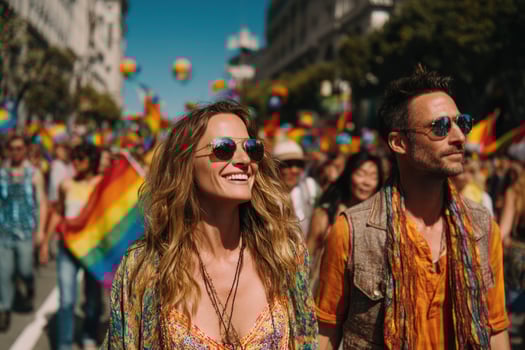 joyful crowd celebrates pride month with colorful flags and vibrant outfits under sunny sky, spreading love and unity photo