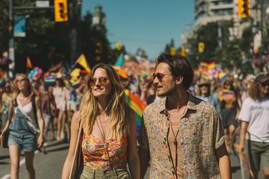 couple walks joyfully through vibrant pride parade during pride month, surrounded by colorful flags and lively crowd photo