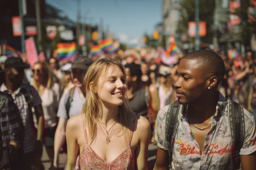 joyful crowd celebrates pride month with colorful flags and unity on sunny day in city photo