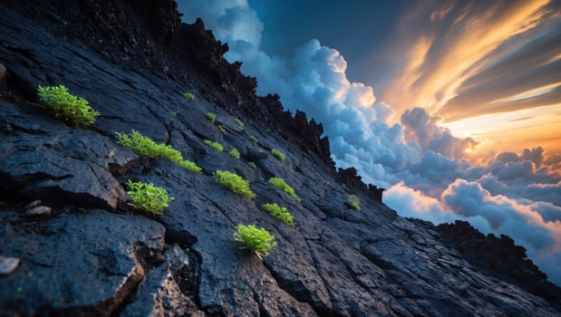 Green Plants Growing on Dark Volcanic Rock with Dramatic Sky photo