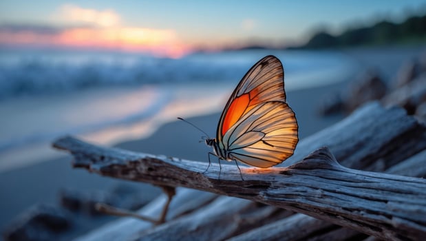 Butterfly Resting on Driftwood at Beach During a Colorful Sunset photo