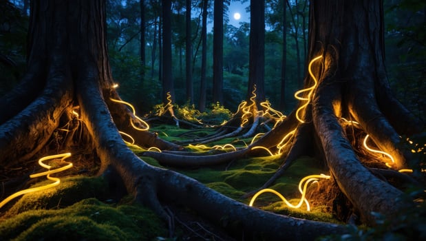 Mystical Forest Scene with Glowing Lights Around Tree Roots at Night photo