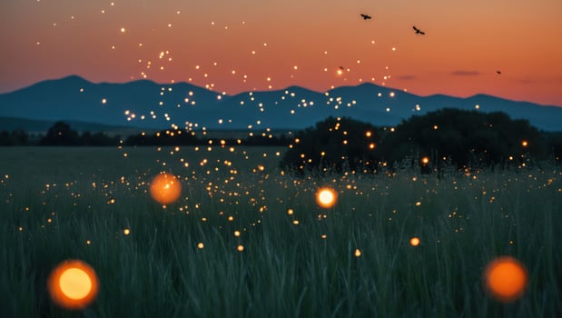 Glow Bugs Over Field at Sunset with Distant Mountain View photo
