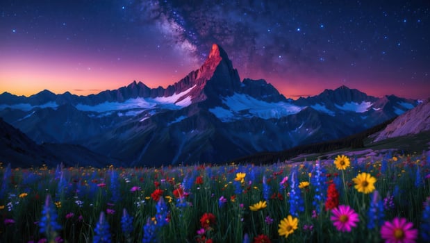 Majestic Mountain Peak Under Starry Night Sky with Wildflowers photo