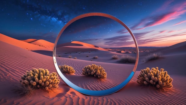 Desert Landscape with Circular Portal at Night Under Starry Sky photo