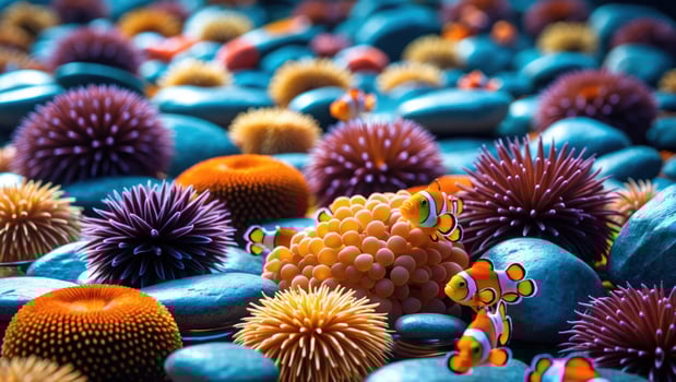 Clownfish Swimming Among Colorful Sea Anemones and Ocean Rocks Underwater photo