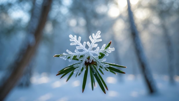 Snowflake on Evergreen Branch in Winter Forest with Sunlight photo