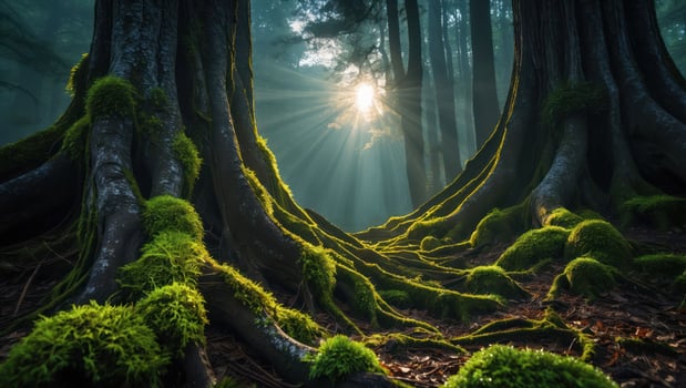 Sunlight Streaming Through Mossy Tree Roots in a Forest Scene photo