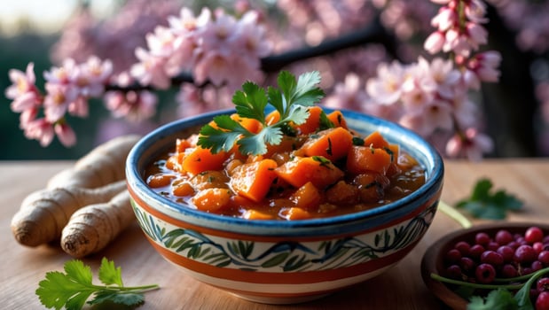 Bowl of Cooked Carrots on Wooden Table with Spring Blossoms photo