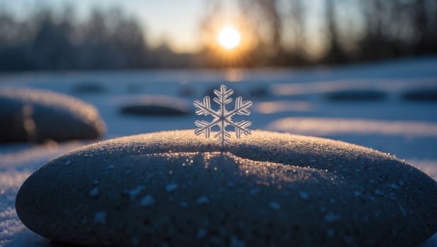 Snowflake on Stone at Sunset Winter Landscape Scene photo