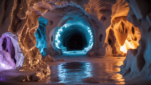 Exploring the Depths Lit Cave Interior with Striking Blue Glow photo