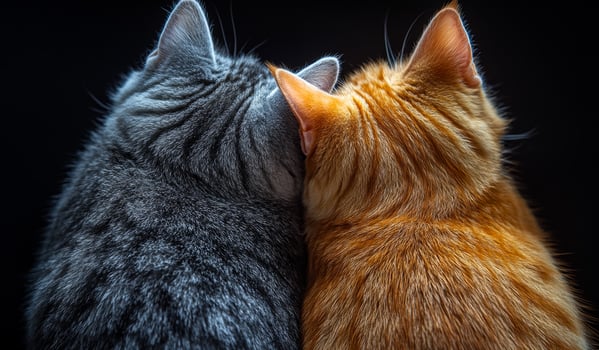 Cats cuddling together in close embrace. Two cats with distinct fur patterns sit closely, showcasing their companionship and bond in a cozy setting. photo