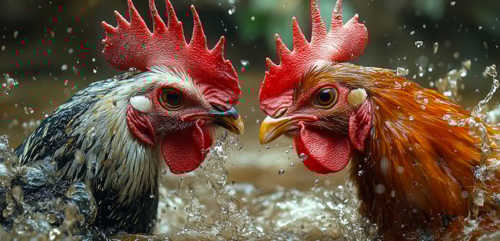 Two roosters battling in muddy water. Two vibrant roosters clash in a muddy battle, splashing water and showcasing their strength. photo