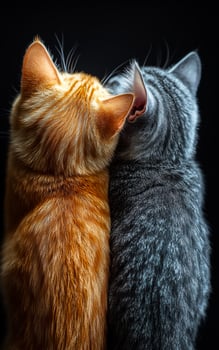 Cats cuddling in warmth. Two cats, one orange and one gray, lean against each other in a cozy and intimate setting, radiating warmth. photo