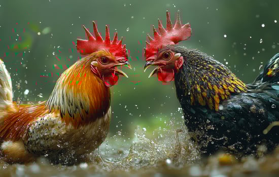 Chickens engage in lively water fight. Two vibrant roosters splash in muddy water, showcasing their feathers and energy during an intense confrontation. photo
