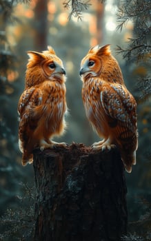 Two majestic owls perched in a forest. Two striking owls with vibrant plumage sit on a tree stump in a serene forest, surrounded by lush greenery. photo