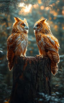 Owls perched on a tree stump in twilight. Two vibrant owls are facing each other on a tree stump in a serene forest during twilight, surrounded by soft light. photo