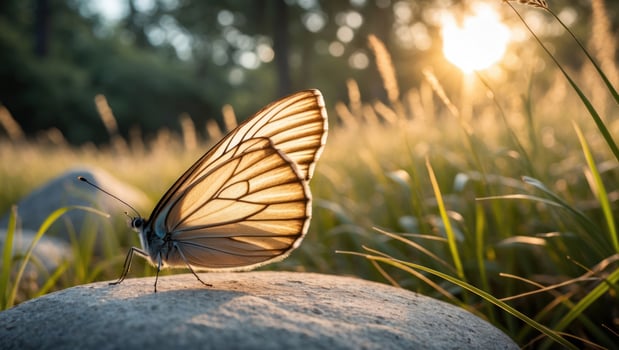 Butterfly Resting on Rock at Sunset in Grassy Meadow Setting photo