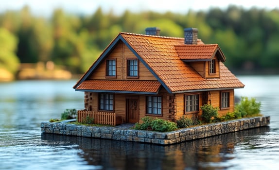 Model house on tranquil water surface. A detailed wooden model house sits peacefully on calm water, surrounded by lush greenery and distant trees. photo