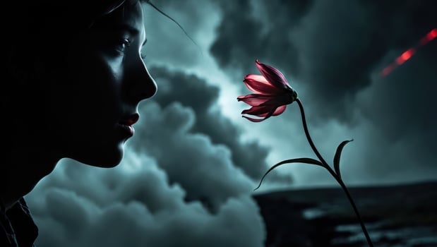 Woman Gazing at Flower Against Dramatic Sky Evoking Dark Romance photo