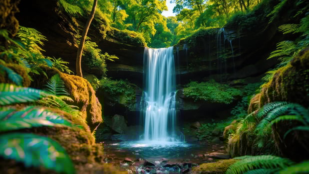 Cascading Waterfall Flowing Through Lush Green Forest Landscape Scene photo