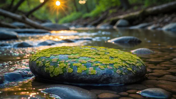 Moss Covered Stone in Flowing Stream with Sunlight and Forest photo