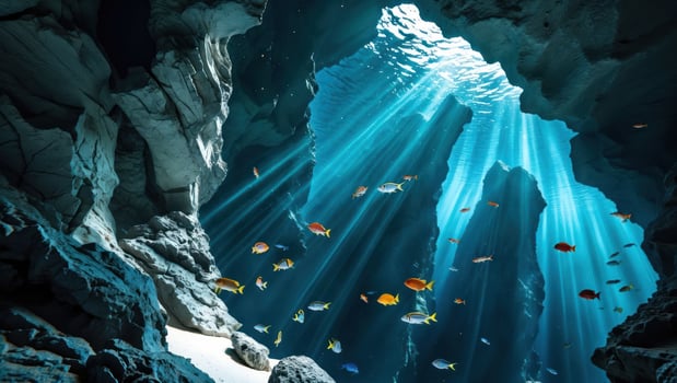 Colorful Fish Swim in Underwater Cave with Sun Rays Streaming Through photo