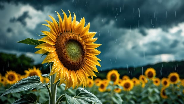 Sunflower Blooming in Rain Field with Cloudy Sky Weather photo