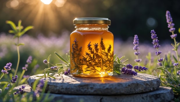 Honey Jar with Lavender in Field on Stone at Sunset photo