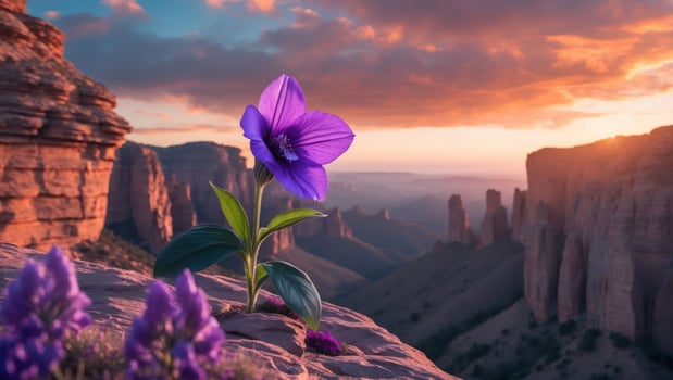 Purple Flower Blossom Against Dramatic Canyon Landscape During Sunset photo