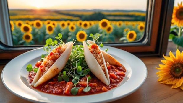 Delicious Stuffed Pasta Dish Served with Sunflower Field View photo