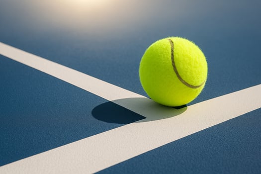 Bright yellow tennis ball resting on the corner line of a blue hardcourt under natural sunlight, creating a clean and modern sports-themed background ideal for tennis promotions or design concepts photo