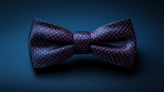 Dark patterned bow tie resting on a smooth blue surface. Fabric has pink dots. Formal wear in subdued light. Still life of mens clothing. photo