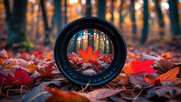 Autumn Forest Through a Lens Red Maple Leaf Focus Concept photo