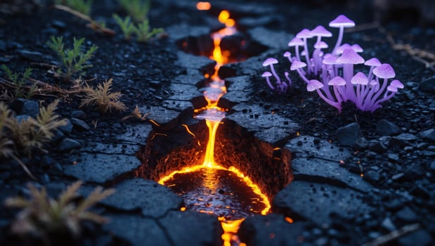 Flowing Lava Stream Through Cracked Earth with Glowing Mushroom Cluster photo