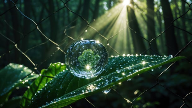 Reflecting Tree in Water Globe on Leaf with Sunlight Streaming Through photo