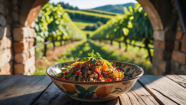 Quinoa Salad Served Outdoors with Vineyard View in Summer photo