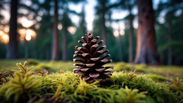 Pine Cone Resting on Mossy Forest Floor at Dusk Serene Scene photo