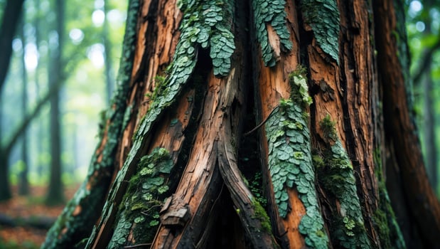 Majestic Tree Trunk Covered in Moss in Lush Green Forest photo