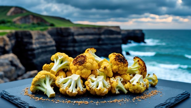 Roasted Cauliflower Florets on Plate with Coastal Background Landscape photo