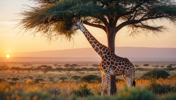 Giraffe Eating Leaves Under Tree at Sunset in African Savanna photo
