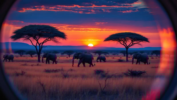 Elephants Walking Across African Savanna at Sunset Captured Through Lens photo