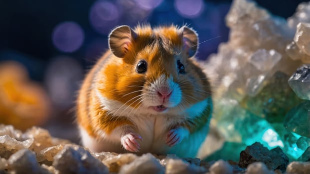 Cute Hamster Sitting Among Crystals with Soft Bokeh Background Portrait photo