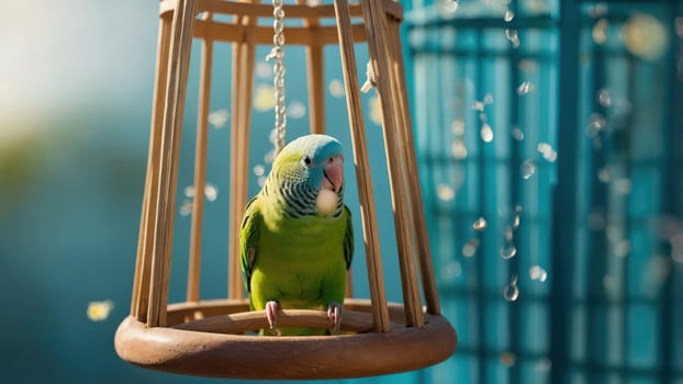 Green Parakeet Perched in Wooden Birdcage with Gentle Blue Background photo