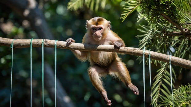 Young Monkey Hanging From Tree Branch in Natural Habitat photo