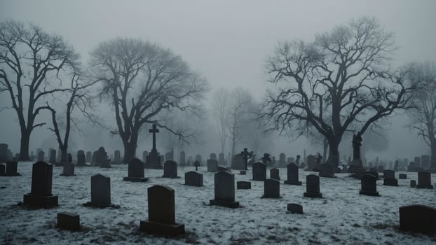 Walking Through Spooky Graveyard with Tombstones and Bare Trees in Fog photo
