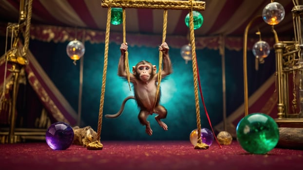 Monkey Swinging on Trapeze Under Tent with Decorative Glass Balls photo