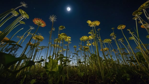 Looking Up at Night Sky with Field of Tall Wildflowers photo