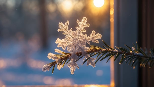 Delicate Snowflake Resting on Evergreen Branch with Soft Sunlight Background photo