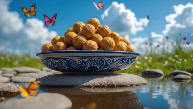 Round Snack Food Arranged in Decorative Bowl on Stones by Water photo